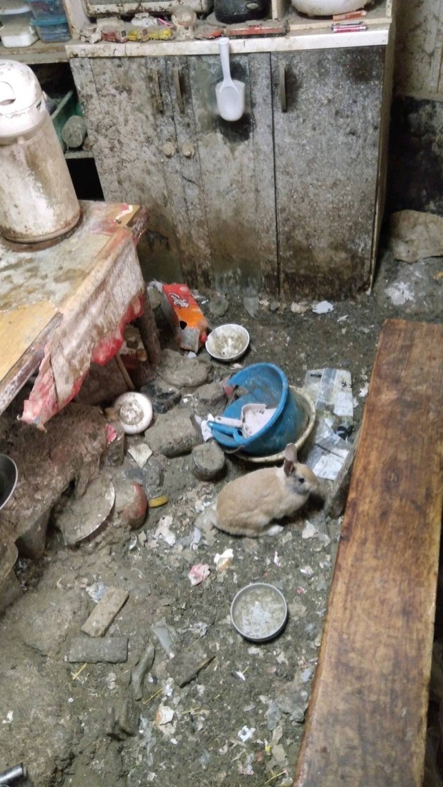 崩壊現場は、人が息するのも辛い状況で粉塵と異臭でいっぱいだったという（もよままさん提供）