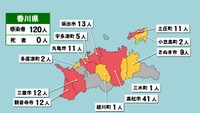 香川県の新型コロナ感染状況　1月18日（「赤」は10人以上、「黄」は1～9人の感染者が確認された市と町）