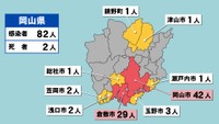 【岡山県の新型コロナ感染状況　5月26日】「赤」は10人以上、「黄」は1～9人の感染者が確認された市や町