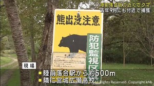 仙台・ＪＲ陸前落合駅近くでクマ目撃情報　高校隣の敷地