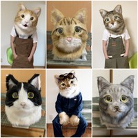 これまでの猫のかぶりもの（頭）作品の一部と、自らの作品を着用してポーズをとるネコかぶってますがさん。（ネコかぶってますがさん提供）