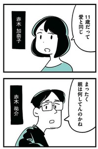 ニュース番組のいじめ報道を見て心配になる赤木夫妻（しろやぎ秋吾さん提供）