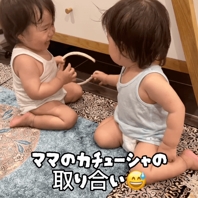 ママのカチューシャを巡ってケンカが勃発…！（提供：@moontwins.0810さん）