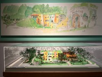 三鷹の森ジブリ美術館の構想スケッチと模型＝神戸市立博物館