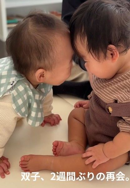 1歳の双子、2週間ぶりにお兄ちゃんが退院 大喜びの妹と額をこつん