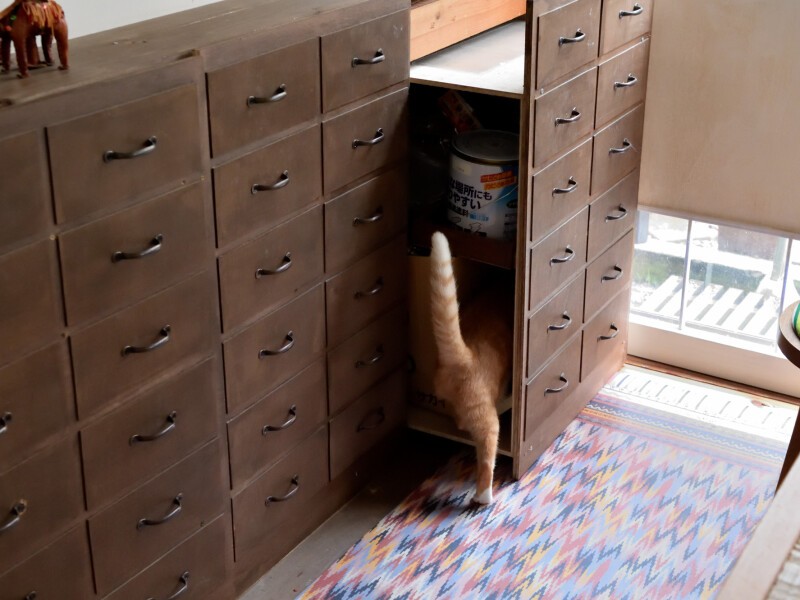 元押し入れは、引き出し風に見せた板戸の収納スペース。技あり！