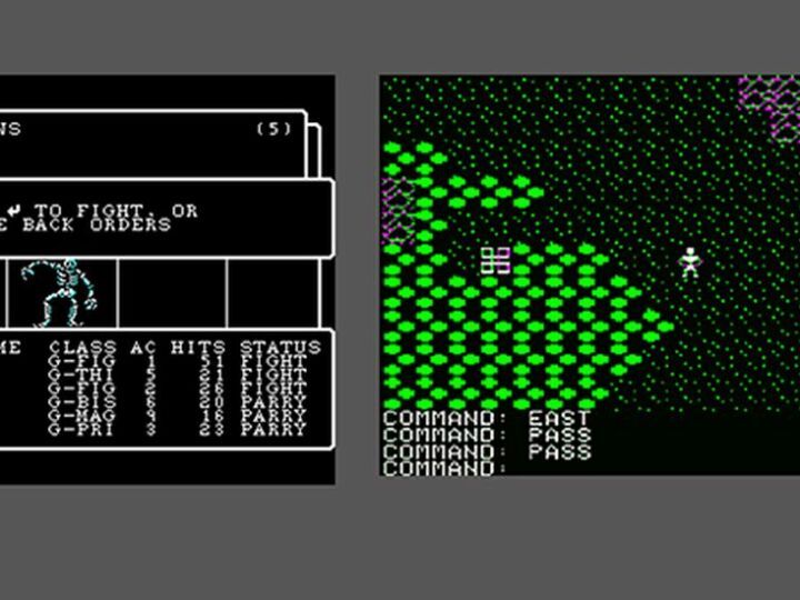 「Wizardry」（1981）ゲーム画面（左）と「Ultima」ゲーム画面（1981）