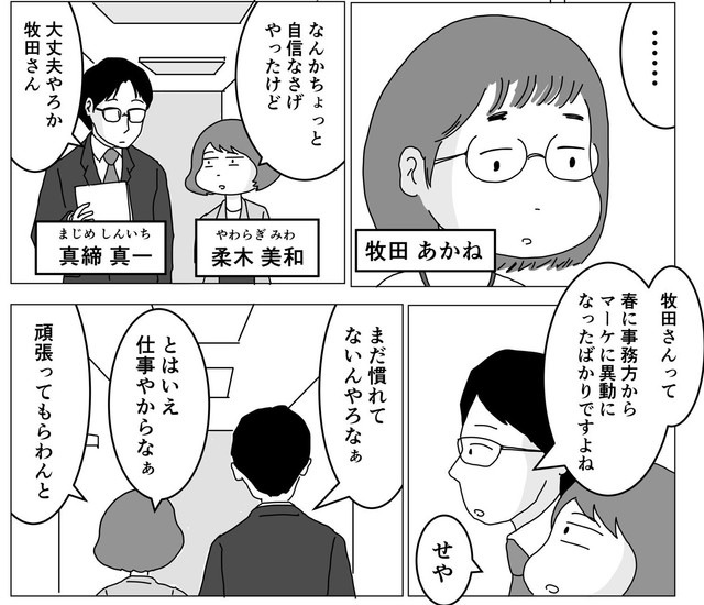 異動で急にマーケ部署に送られたあかね（まるいがんもさん提供）