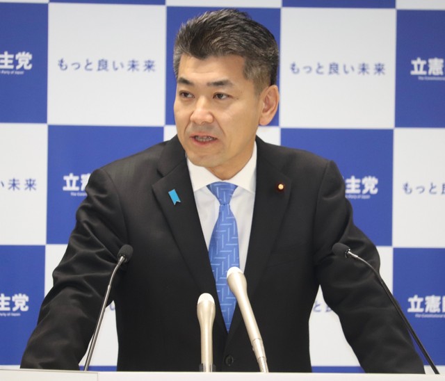 党会合に出席した立憲民主党の泉健太代表＝都内