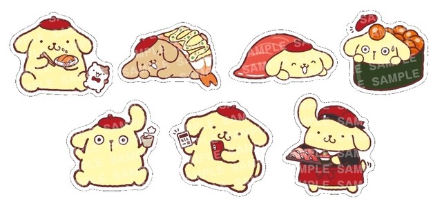 10月7日から「第1弾 ポムポムプリン コラボピック付き エビエビサラダ」280円〜「第1弾 ポムポムプリン コラボピック付き ハンバーグにぎり」の250円～のコラボピック（全7種）（イメージ）