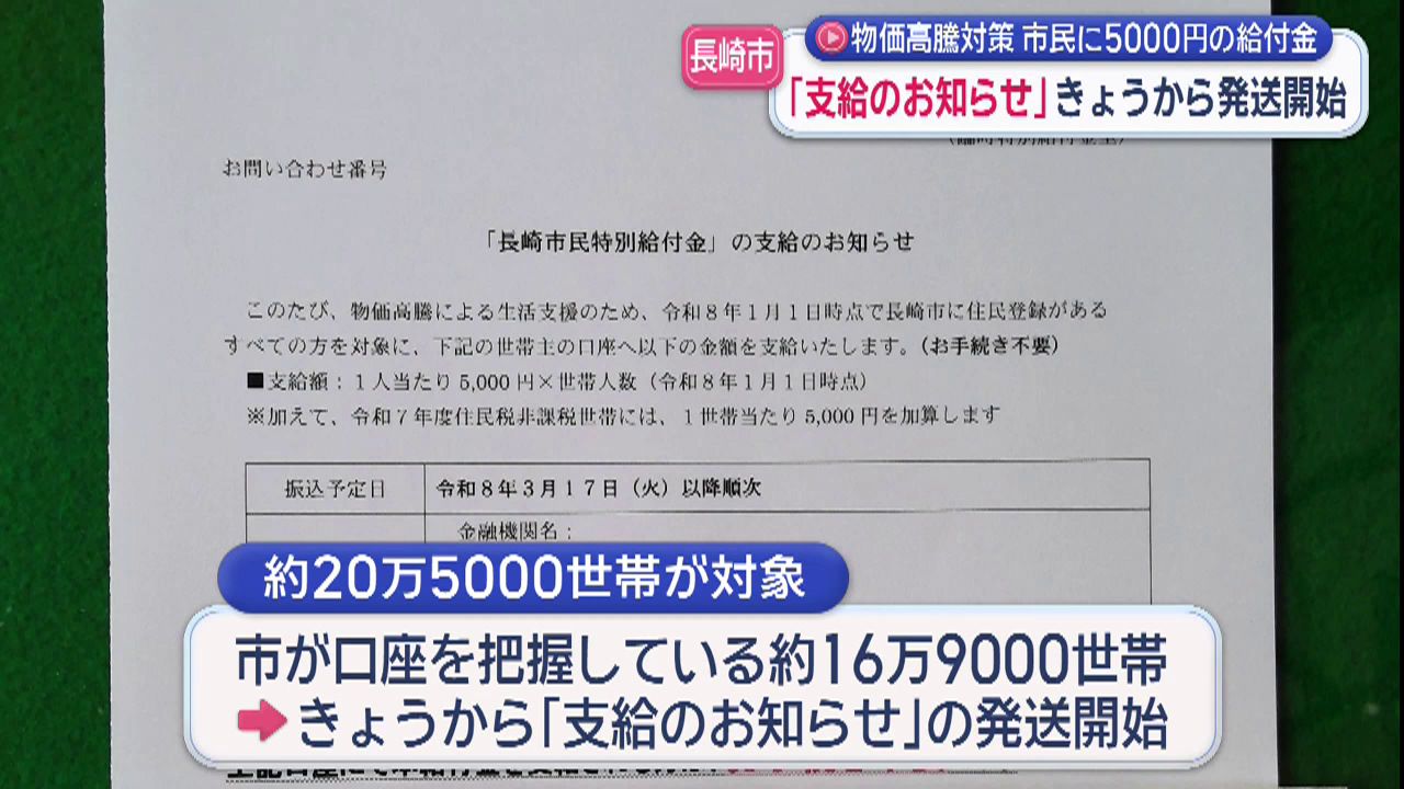 長崎市民に一人5000円の特別給付「支給のお知らせ」きょうから発送
