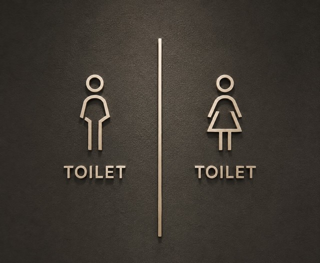 トイレの表示としてはおしゃれだが、よくよく見ないと男性用なのか女性用なのかがわかりづらい（提供）
