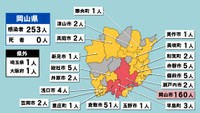 岡山県の新型コロナ感染状況　1月18日（「赤」は10人以上、「黄」は1～9人の感染者が確認された市と町）