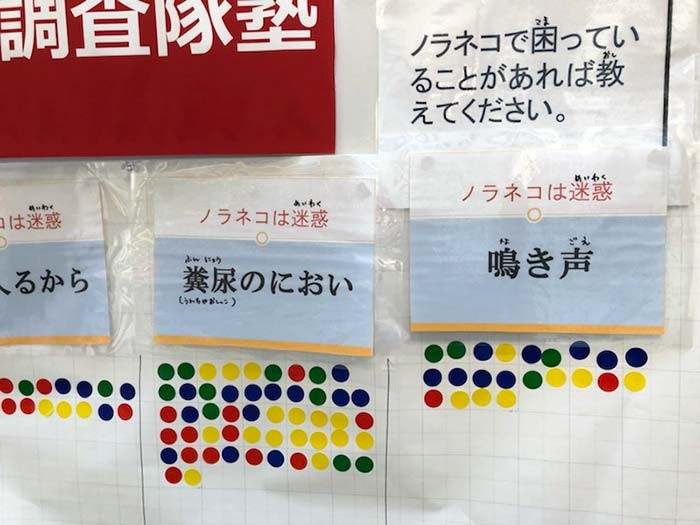 街中の商店街で、シールを使った意識調査を実施。市民の猫への感情を可視化し、町で共有する試みだ（中島さん提供）