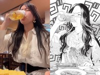 豪快な飲みっぷり（画像右『トラックめいめいのビールのおとも』原案／トラックめいめい 原作／ジャイロナックル 漫画／ともぞ、画像左はトラックめいめいさん提供）
