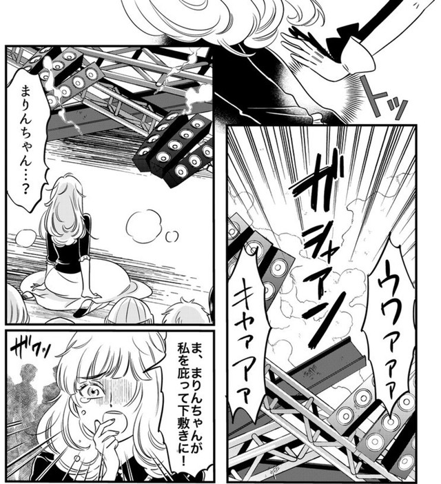 女性ファンをかばって、まりんは機材の下敷きに（伊田チヨ子さん提供）