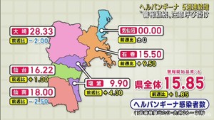 ヘルパンギーナ５週連続で感染者が増加　宮城県が警報を継続