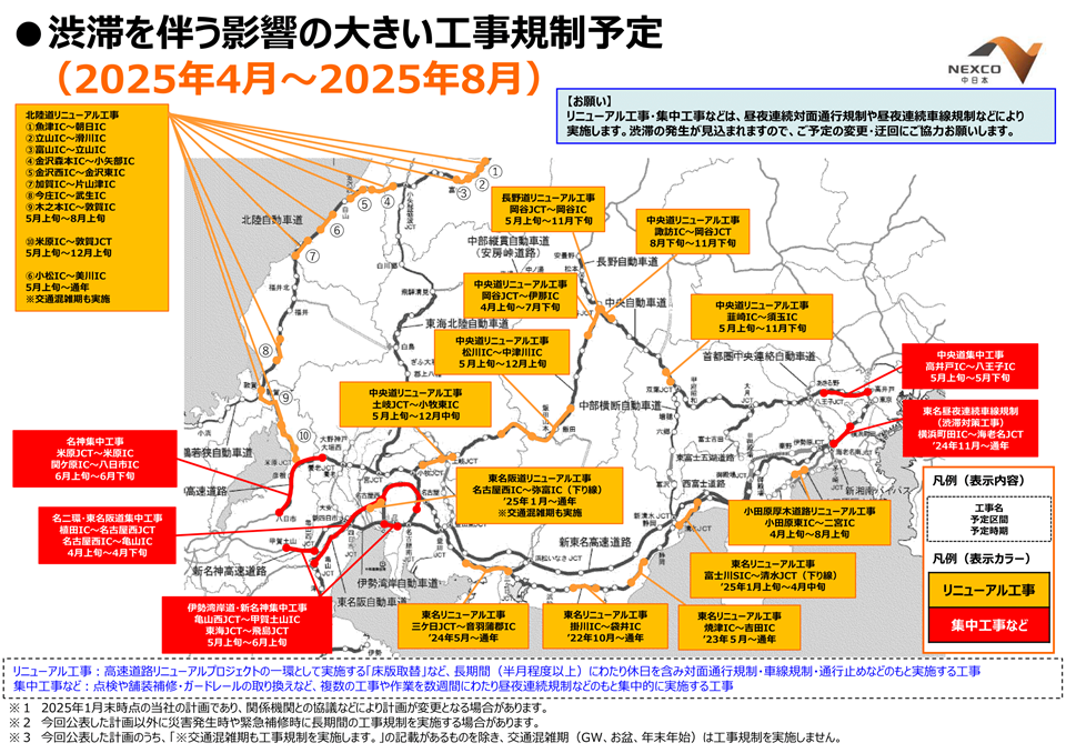 NEXCO中日本管内の渋滞を伴う影響の大きい工事規制予定 （2025年4月〜2025年8月）