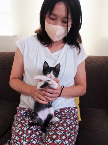 預かりスタッフの敦子さんに抱かれるコリン