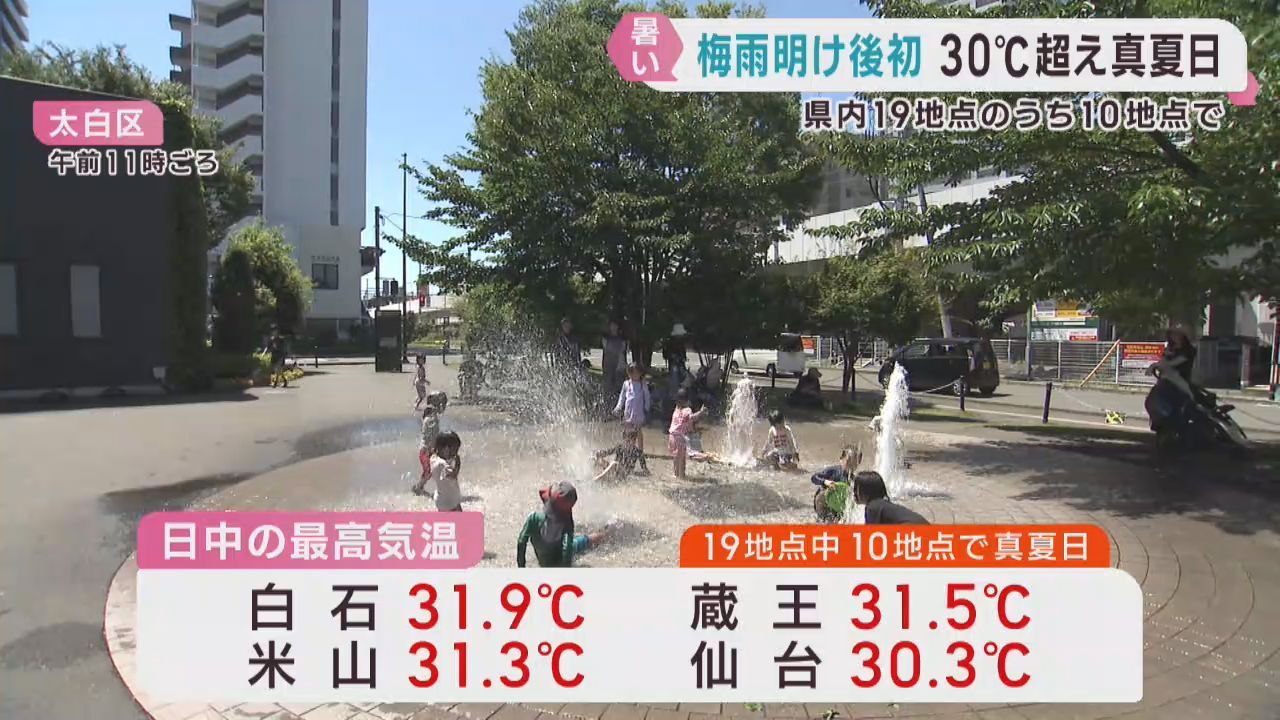 宮城県各地で梅雨明け以降初の真夏日