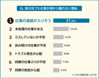 仕事に従事する500人に聞いた「旅行先でも仕事が頭から離れない理由」1～7位（株式会社エミリス調べ）