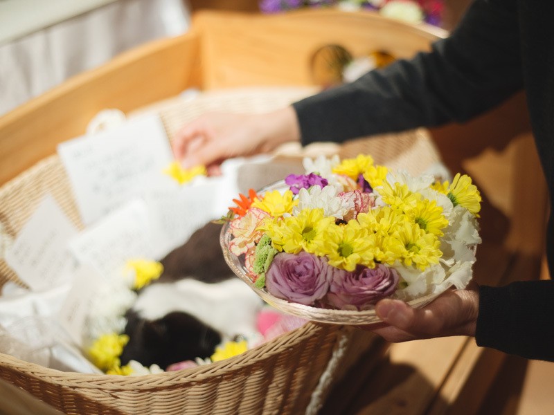 「みんなからのメッセージとお花でいっぱいだ」（小林写函撮影）