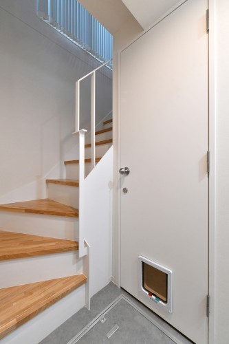 洗面に入るドアには猫用の小扉付き。筆者が昔、一緒に暮らした猫は、ジャンプしてレバーハンドルを押して扉を開けてました。そういったことがないよう、このドアノブは回転式