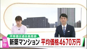 仙台市の新築マンション　平均価格４６７０万円　過去２番目に高い　円安に２０２４年問題など影響
