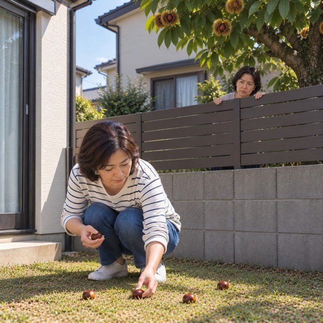 隣の家の栗が自宅の庭に落ちた場合、拾っていい？　※この画像はAdobe Fireflyで作成したイメージです