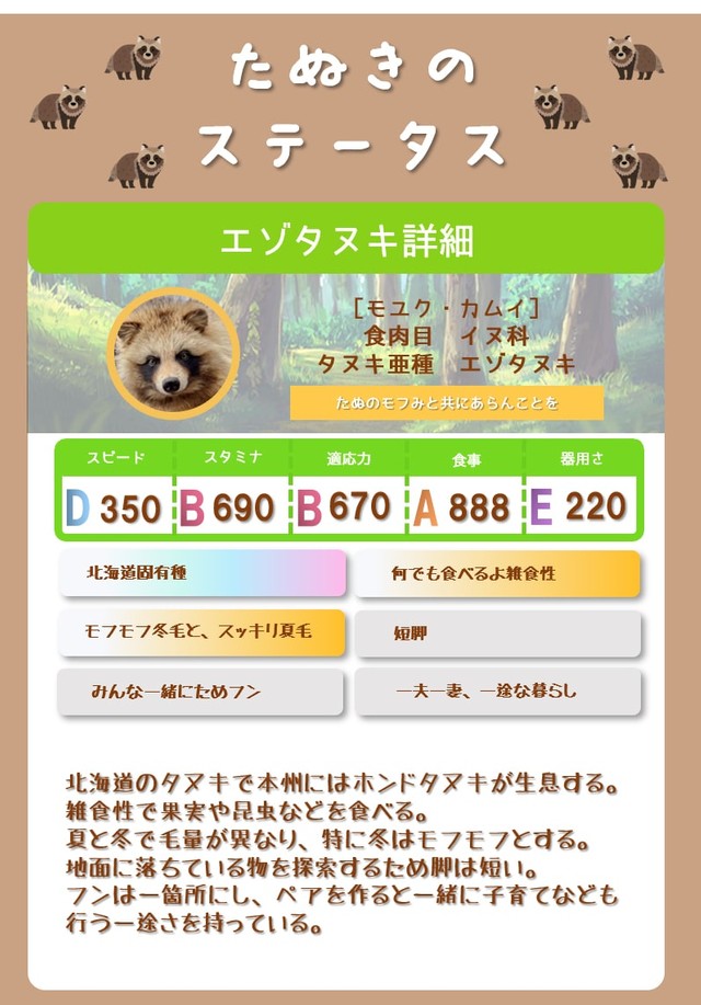 エゾタヌキのステータス（写真提供：おびひろ動物園）