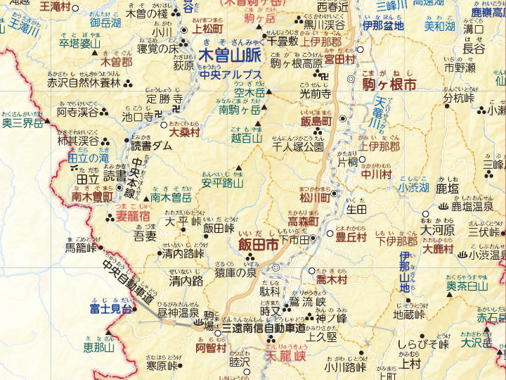 『難しい地名もスラスラ読める！ ふりがな日本地図帳』53ページより読書周辺地図。すべての地名にふりがなが付いています。「読書」の少し北には、なんと「読書ダム」まであります。