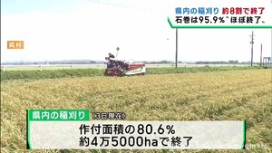 宮城県で稲刈りが８割まで進む　石巻地区は過去１０年最も早くほぼ終了