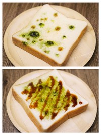 抹茶と黒蜜で再現した「カビの生えたパン」／倉戸みとさん（@mitragyna）提供