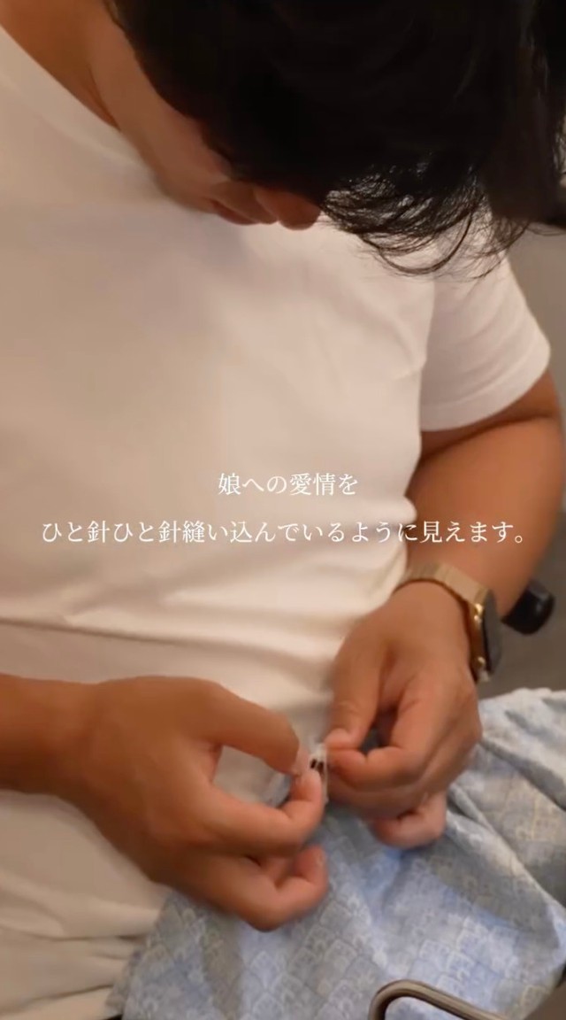針を使い、手縫いで仕上げていきます／「ラガーマンパパの裁縫部屋｜神野プーパッポン」さん（@sakurako_3046）提供