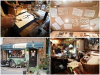 店は２０１８年に移転オープン。オランダ坂のすぐ近く（左下）、インバウンドのお客さんの間で大人気なのが「毛筆チャレンジ」。半紙に書いた平仮名の名前をプレゼントし、当人にもチャレンジして書いてもらい、それはカフェのコレクションになる。昨年（２４年）は３６カ国１８４人、今年はすでに２５１人（８月２１日現在）に書いてもらったといい、今後は展示会も予定している（左上）、天井には様々な国のお客さんたちからのメッセージが貼られている（右上）、店内のワイワイガヤガヤも全く気にせず、マイペースでくつろぐつ（右下）