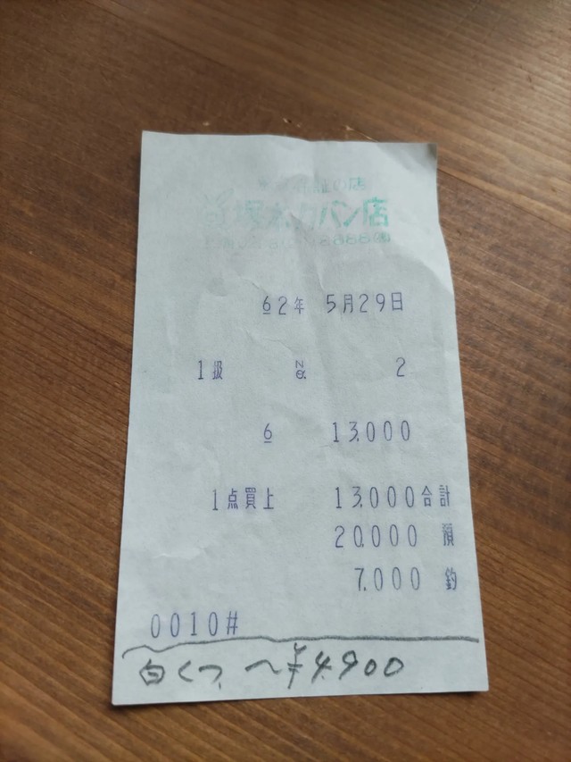 500円のレトロバッグに入っていたのは…昭和62年のレシート　「同世代だ！」／山かなさん（@yamanakakana）提供