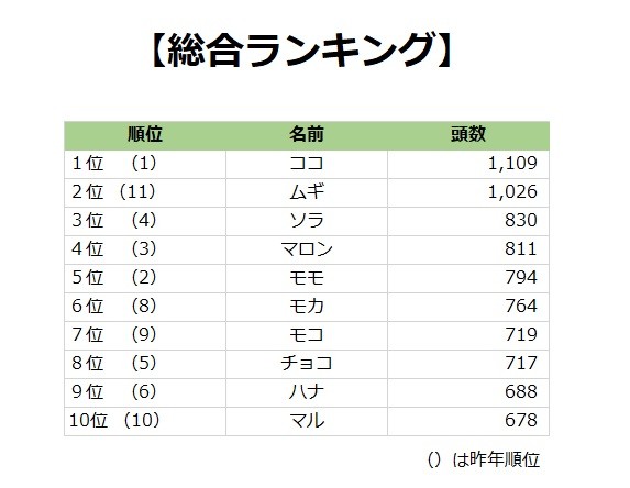 犬の名前 ムギ 麦 人気の理由は ランキング総合１位は10連覇 ココ ３位は ソラ まいどなニュース