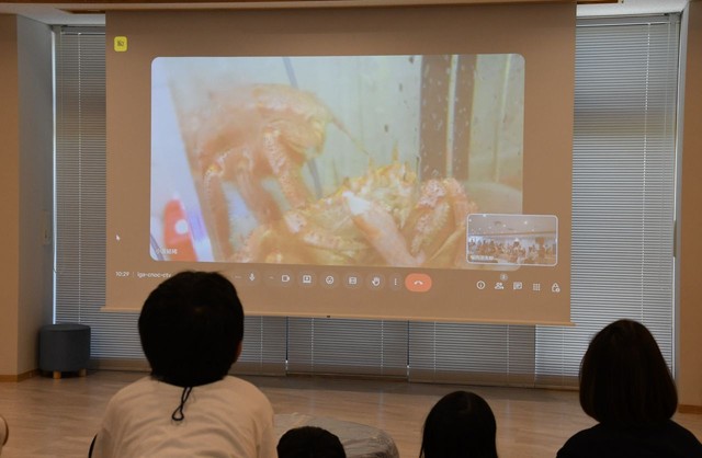 毛ガニのリアルタイム映像。カニ風味のかまぼこを食べている