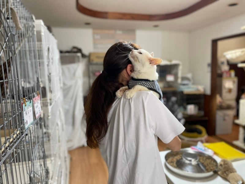 抱っこが大好きで大網さんに抱えられうれしそう