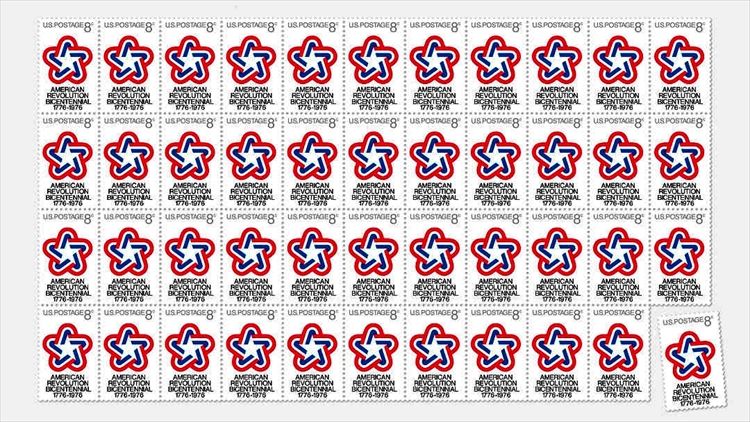 In an undated image provided by via Chermayeff & Geismar & Haviv, a rendering of stamps issued to commemorate the U.S. bicentennial, featuring the logo designed half a century ago by Chermayeff & Geismar. The design studio behind the U.S. bicentennial emblem was asked to brand Americaﾕs 250th anniversary ﾑ per one of its designers, an impossible job called for ﾒan impossible construction.ﾓ (via Chermayeff & Geismar & Haviv via The New York Times) ﾑ NO SALES; FOR EDITORIAL USE ONLY WITH NYT STORY SEMIQUINCENTENNIAL LOGO BY CALLIE HOLTERMANN FOR DEC. 4, 2023. ALL OTHER USE PROHIBITED. ﾑ