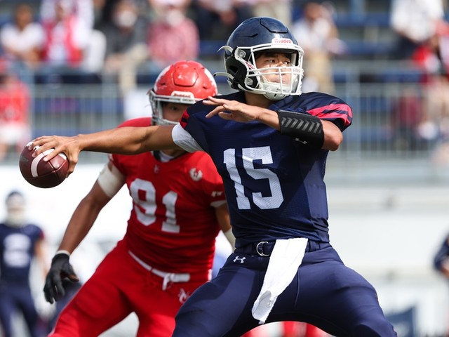 UA慶應義塾大学アメフト部ユニコンズ試合用フットボールパンツネイビーL アメフト - 慶應義塾大WR黒澤世吾 全3TD獲得の爆発、大学入学後の努力
