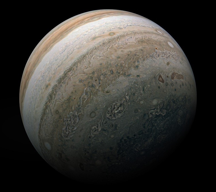 BC-OPED-SWISHER-MUSK-BEZOS-SPACE-ART-NYTSF -- In a photo from NASA, the southern hemisphere of Jupiter captured by the Juno mission on Feb. 17, 2020. (JPL-Caltech/SwRI/MSSS, via NASA via The New York Times) ONLY FOR USE WITH ARTICLE SLUGGED — BC-OPED-SWISHER-MUSK-BEZOS-SPACE-ART-NYTSF — OTHER USE PROHIBITED