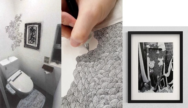 アートを手掛けるサニタリーのイメージ図（左）渦を描くdon氏（中）don氏の既存作品（右）