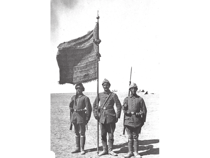 1917年3月の第1次ガザ戦争の後、勝利したオスマン軍部隊に与えられた連隊旗。Middle East Centre Archive, St Antony's College, Oxford, Estelle