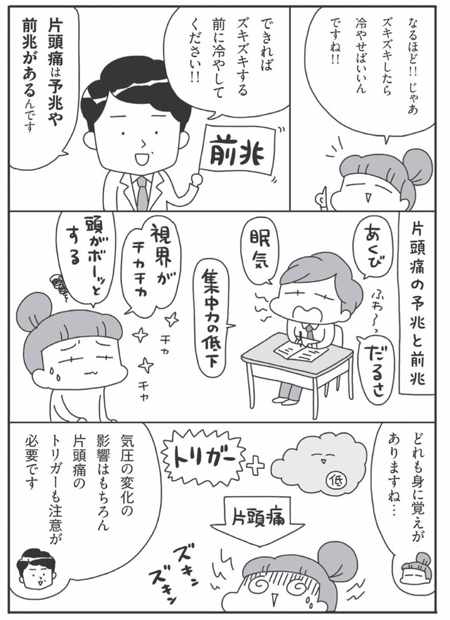 【漫画】『梅雨真っ盛り〜〜〜低気圧による頭痛で辛い皆様に届け〜！とりあえず片頭痛ならアイス食べましょ〜！』3　© JunSato／NaomiAbe