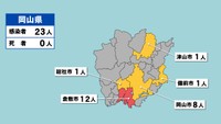 岡山県の新型コロナ感染状況　9月23日（「赤」は10人以上、「黄」は1～9人の感染者が確認された市）