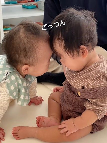 1歳の双子、2週間ぶりにお兄ちゃんが退院 大喜びの妹と額をこつん
