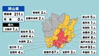 岡山県の新型コロナ感染状況　1月17日（「赤」は10人以上、「黄」は1～9人の感染者が確認された市と町）