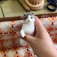 キジ白猫「がす」くんをモデルに羊毛フェルトを制作。右前足がついたところ（画像提供：モリタさん）