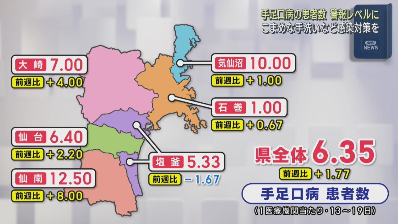 手足口病の感染者が宮城県で今季最多　警報レベルを超える